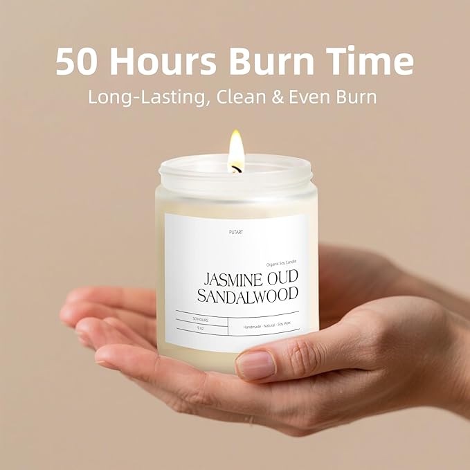 Jasmine, Oud & Sandalwood Scented Candles for Home, Natural Soy Wax Aromatherapy Non Toxic Candle Gifts for Women Men, Home Fragrance Decoration Glass Jar Candle for Relaxation (9oz White