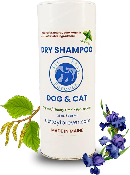 Sit. Stay. Forever. Dry Shampoo for Dogs & Cats – Organic Dry Bath Powder, Talco para Perros, Hypoallergenic, Odor Control for Smelly Dogs, No-Rinse, Anti-Itch, Safe & Natural, Made in The USA, 28 oz