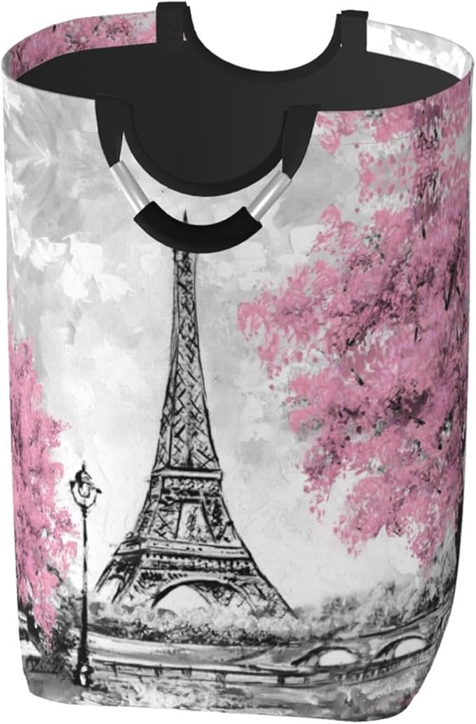 Paris Eiffel Tower Large Laundry Hamper Bag With Waterproof Liner - Laundry Basket Foldable Clothes Storage Organizer For Bathroom Bedroom Nursery Dorm