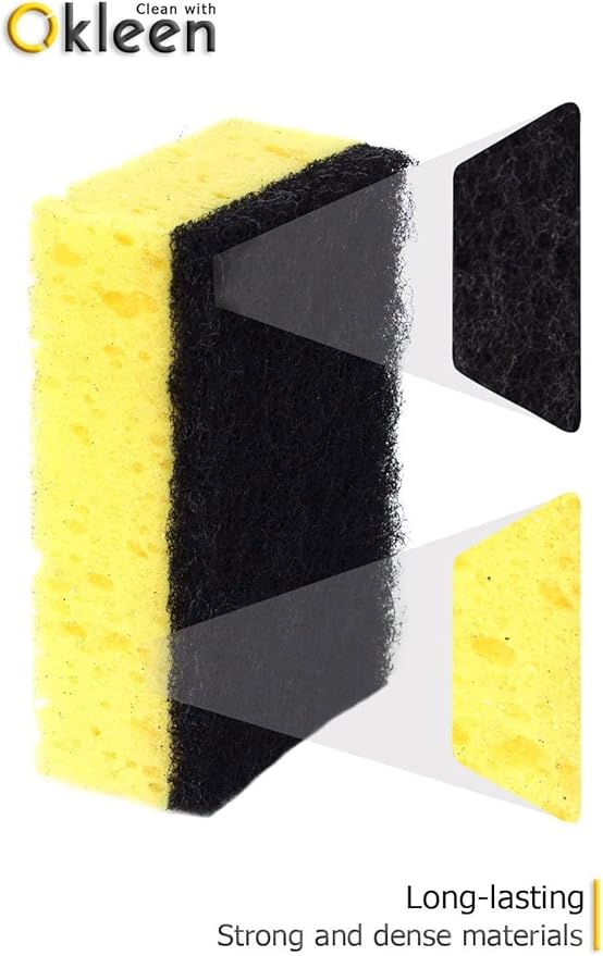 Yellow Multi Use Scrub Sponge. Made in Europe. Large Pack of 18. 4.3x2.8x1.4 inches. Black Heavy Duty & White Non Scratch Fiber. Best Odorless & Durable Professional Scrubber for Commercial Use