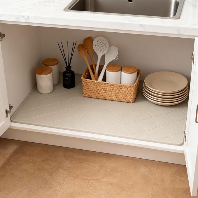 19" × 22" Under Sink Mats for Kitchen - Waterproof Under-Sink Organizers Sink Mat Protectors, Flexible Silicone Drip Tray Pet Food Mats Kitchen Bathroom Drawer Shelf and Cabinet Liner, Beige
