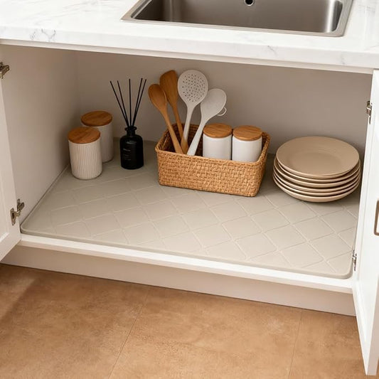 19" × 22" Under Sink Mats for Kitchen - Waterproof Under-Sink Organizers Sink Mat Protectors, Flexible Silicone Drip Tray Pet Food Mats Kitchen Bathroom Drawer Shelf and Cabinet Liner, Beige