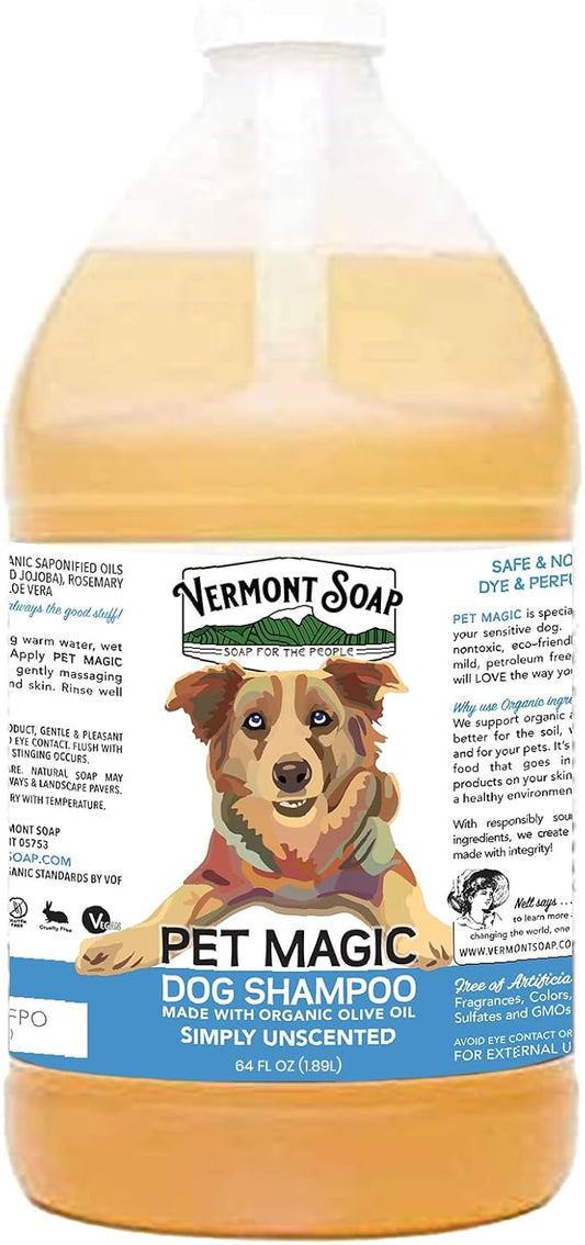 VERMONT SOAP Organics Pet Shampoo - Infused with Organic & Natural Olive Oil, Coconut & Aloe Vera Dog Shampoo for Sensitive Skin - USDA Certified Grooming, Unscented (64oz)