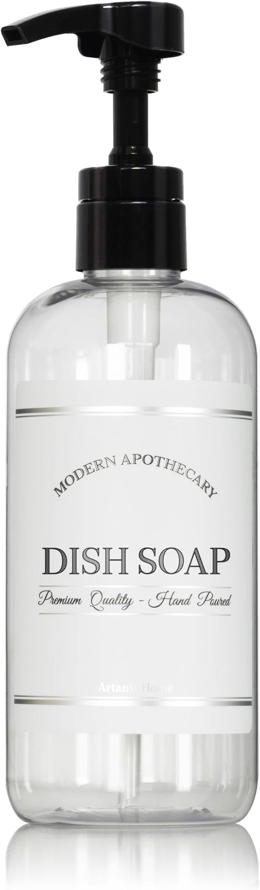 Refillable Clear PET Plastic 16 oz Dish Soap Bottle with High Output Black Plastic Pump Dispenser - Chrome Accent Waterproof Labeled Bott