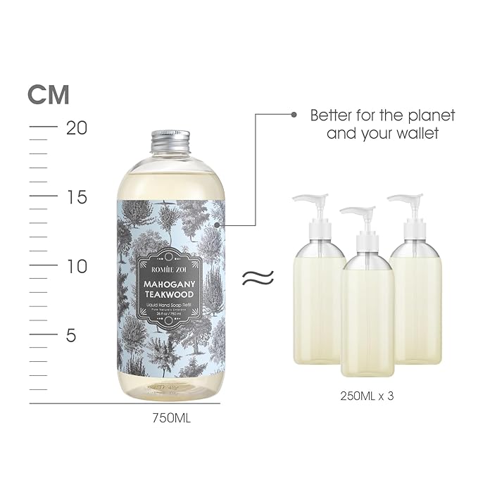 ROMIIE ZOI Liquid Hand Soap Refill Gift Set – 3 Pack (26 Fl Oz Each), Teakwood Scent, Natural Formula with Essential Oils – Gentle, Biodegradable & Cruelty-Free for Sensitive Skin, Kitchen & Bathroom
