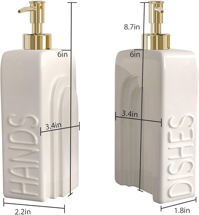 Soap Dispenser Set with Gold Stainless Steel Pump and a Funnel, 2 Pack Modern Ceramic Refillable Hand and Dish Soap Dispenser for Kitchen, Bathroom, Matte White