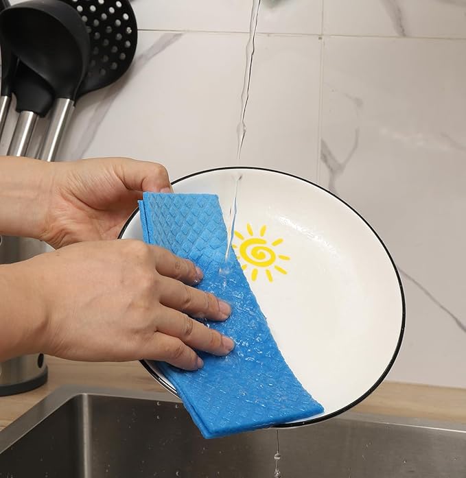 Swedish Dishcloths for Kitchen | 6 Pack Absorbent Cellulose Sponge Cloths Washable | Non-Scratch Reusable Paper Towels Quick Drying Cleaning Cloths - Blue