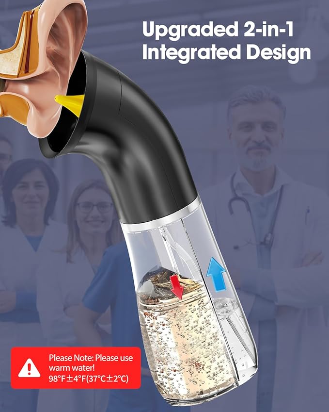 Upgraded Ear Wax Removal Kit, One Piece Waste Tank - Ear Irrigation Flushing System with 4 Modes & 8 Nozzles - IPX7, Safe and Effective Electric Ear Cleaner for Family Use, Type-C (Black)