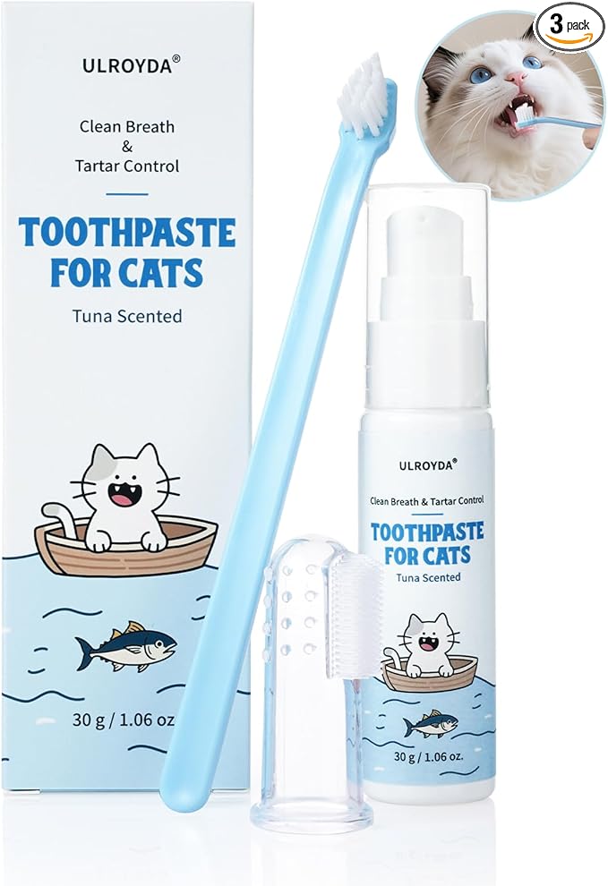 Cat Dental Care Kit – Tuna Flavor Toothpaste 1.06 oz with Toothbrush & Finger Brush | Gentle Formula, Fresh Breath & Plaque Control