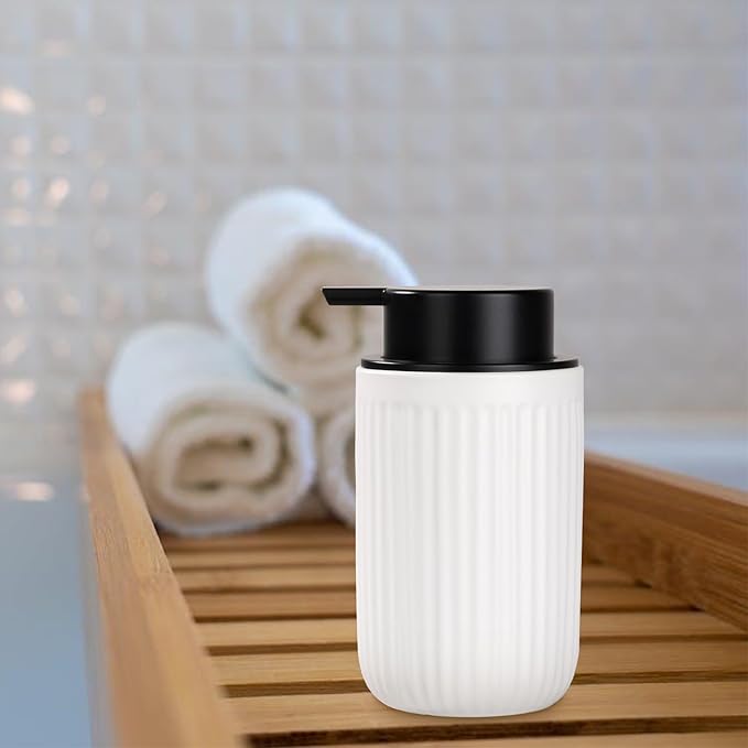 BosilunLife Foam Hand Soap Dispenser - White Ceramic Foaming Soap Dispenser for Bathroom 12oz Refillable Liquid Lotion Soap Dispenser with Rust-Proof foaming Pump for Countertop