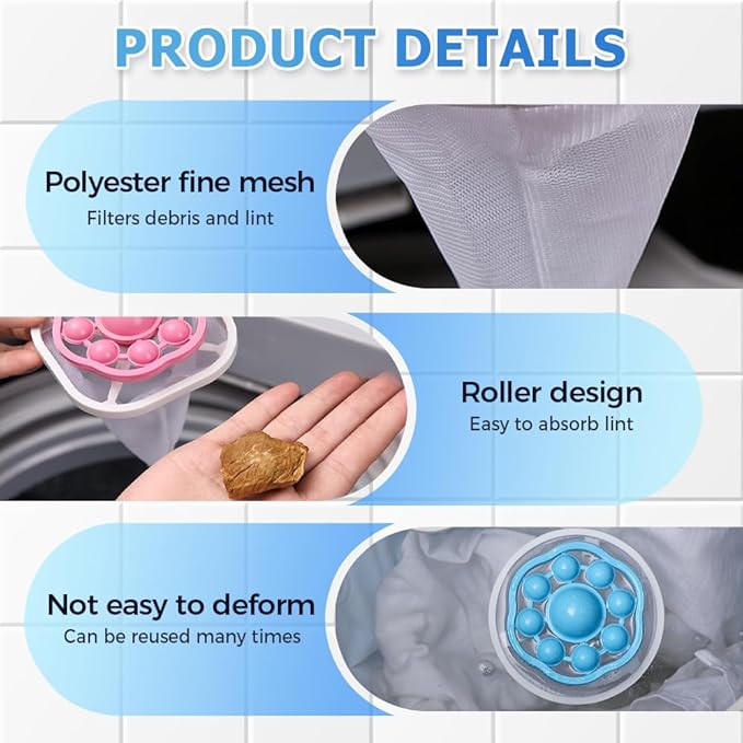 3PCS Floating Hair Filtering Mesh Removal, Reusable Lint Catcher for Washing Machine Wool Device, Pet Hair Remover Hair Filter Cleaning Mesh Bag (Mix)