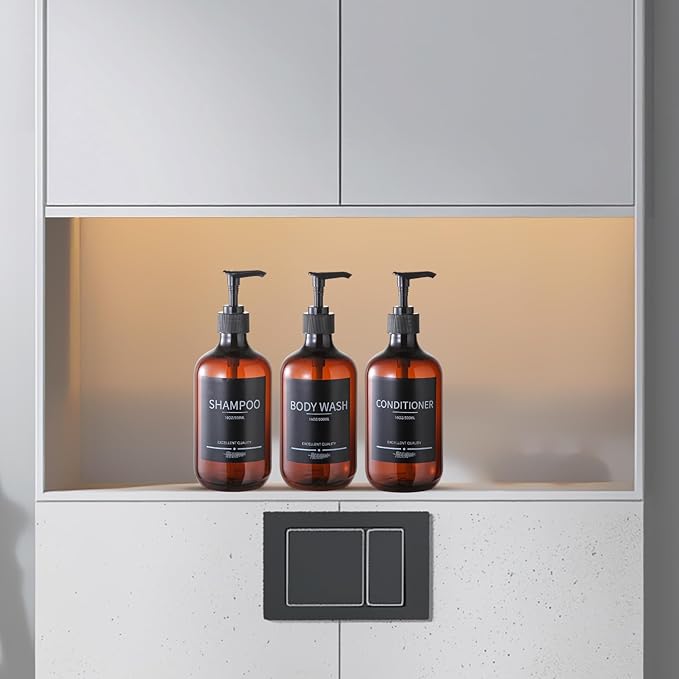 5Pack Amber Shower Bottles Refillable with Labels,16.9oz(500ml) Reusable Shampoo and Conditioner Bottles,Shampoo Dispenser Bottles