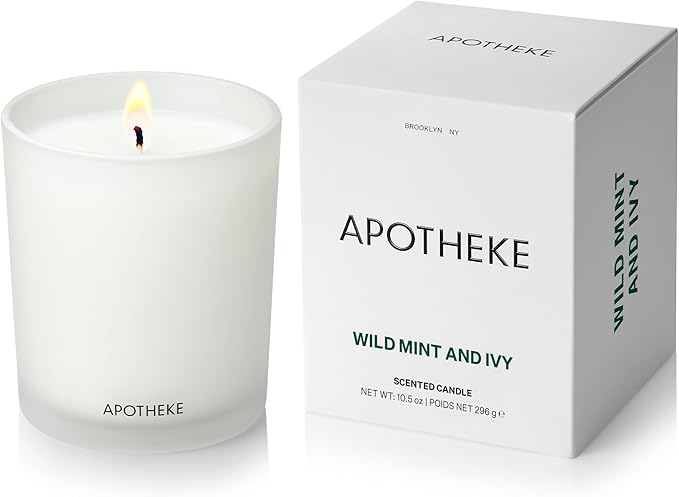 Apotheke Signature Scented Candles for Home, Wild Mint & Ivy - 10.5 oz - Soy Wax, Non Toxic, Large Jar White - Luxury Candle Gifts for Women & Men - Eucalyptus, Patchouli, Cedarwood, and Rose