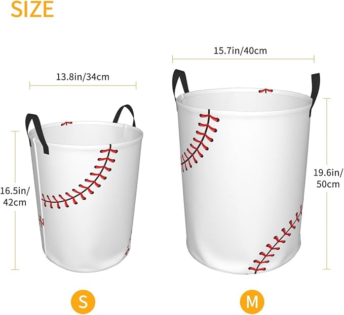 Baseball Texture Laundry Hamper Bag With Waterproof Liner - Round Laundry Basket Foldable Clothes Storage Organizer For Bathroom Bedroom Nursery Dorm, S-16.5"X 13.8"