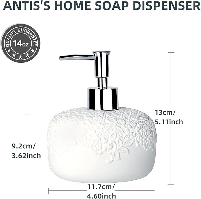 White Soap Dispenser, Ceramic Countertop Lotion Dispenser 14oz with Embossed Design, Bathroom Refillable Lotion Bottle for Shower Soaps Shampoo Kitchen Organization, ANTIS'S HOME