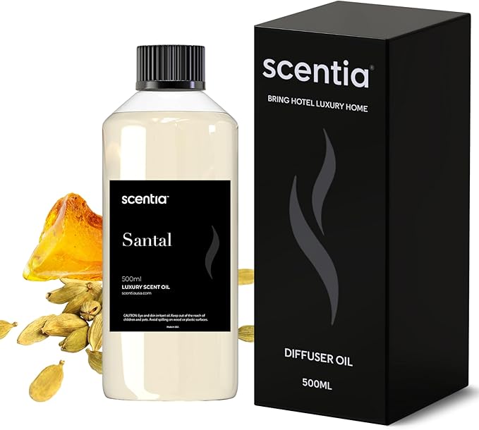 Scentia Santal Diffuser Oil 500ml – Luxury Santal-Inspired Oil – Cedarwood, Amber, Musk, Vanilla – Essential Oil Blend for Large Rooms, Cold-Air Diffusers, HVAC & Ultrasonic, Thanksgiving Gift