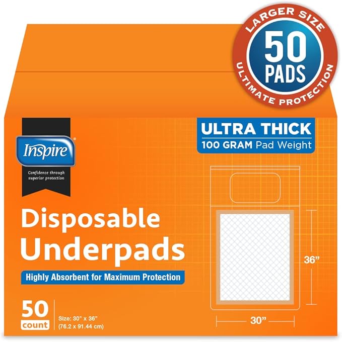 Inspire XL Super Absorbent Bed Pads for Chronic Incontinence 30 x 36 Ultra Thick 100 Grams (50 Count)