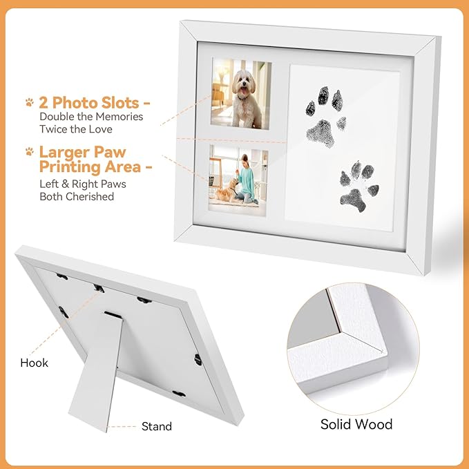 Paw Print Kit for Dogs & Cats, Pet Paw Impression Gift Set with 2 Inkless Pads and Reversible Stand/Wall-Mount Frame (White)