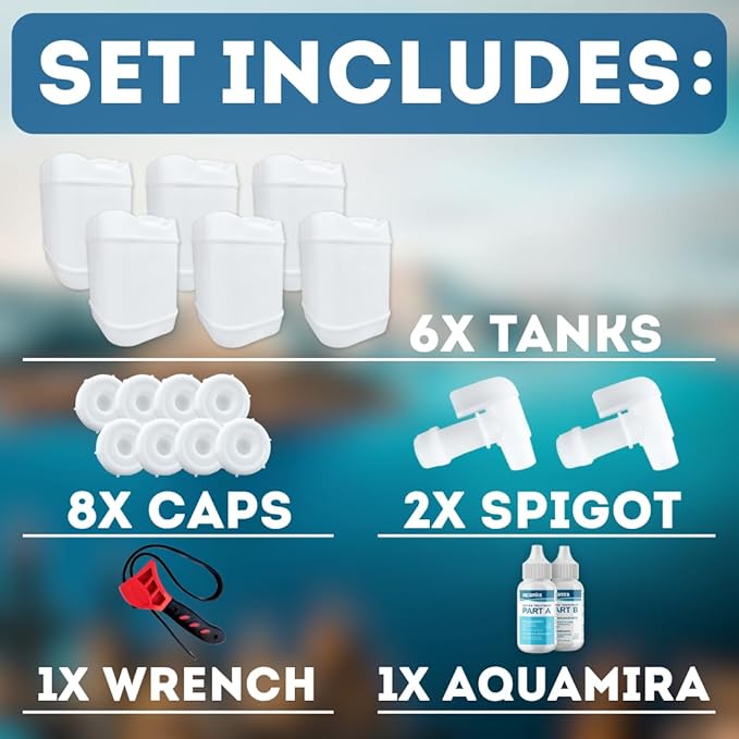 5-Gallon Stackable Water Storage Containers, Water Treatment,5 Gallons w/ 8 Lids + 2 Spigot, Easy Fill, Survial Supply Emergency Water Storage for Disaster Preparedness, 30 Gallon (6 Tanks)