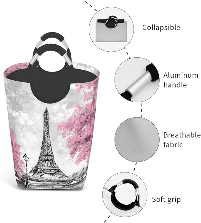 Paris Eiffel Tower Large Laundry Hamper Bag With Waterproof Liner - Laundry Basket Foldable Clothes Storage Organizer For Bathroom Bedroom Nursery Dorm