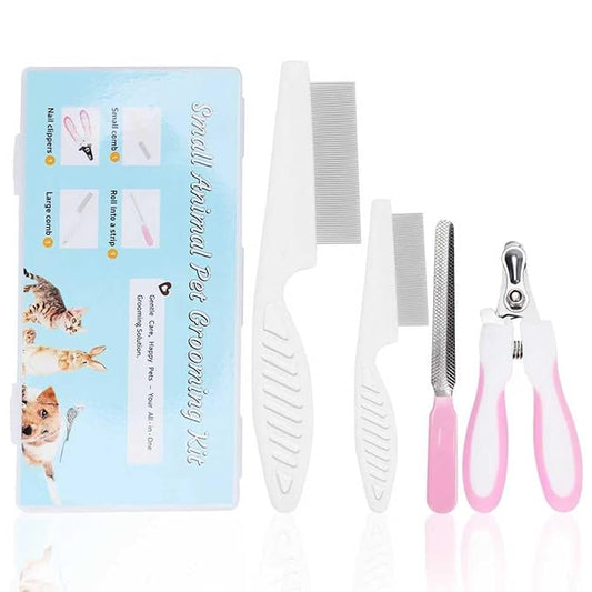 Guinea Pig Brush Kit Hamster Cleaning Grooming Comb with Nail Clipper Trimmer, Nail Files - Professional Small Animal Grooming Tool for Rabbit, Bunny, Puppy, Kitten, Ferret