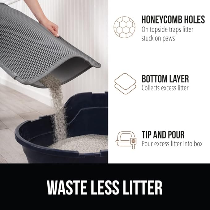 GORILLA GRIP Honeycomb Cat Litter Box Mat, 35x24 Two Layer Trapping Waste Mats, Soft On Paws, Litter Box Supplies and Essentials for Indoor Cats, Traps Excess, Water Resistant for Floors, Gray
