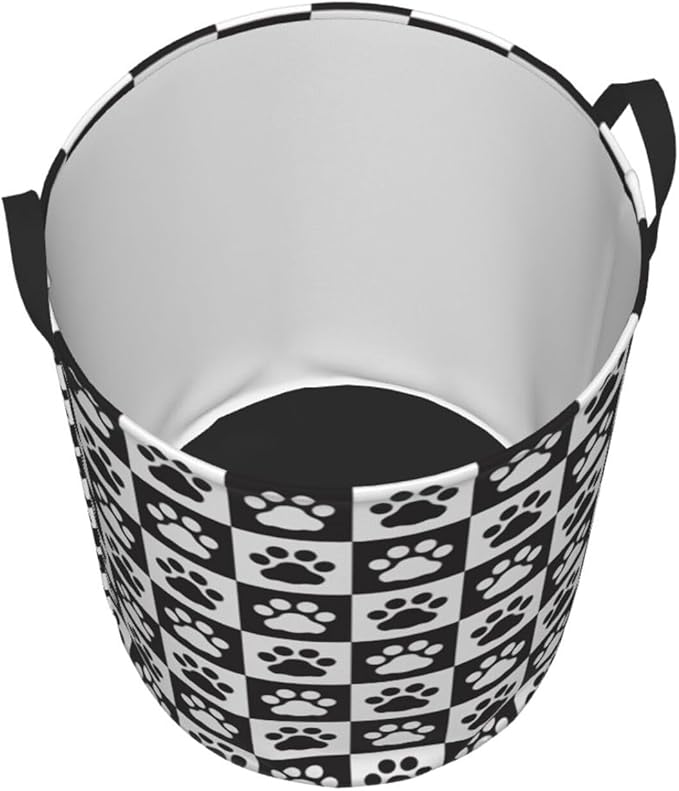 Black And White Dog Paws Laundry Hamper Bag With Waterproof Liner - Checkered Round Laundry Basket Foldable Clothes Storage Organizer For Bathroom Bedroom Nursery Dorm, S-16.5"X 13.8"