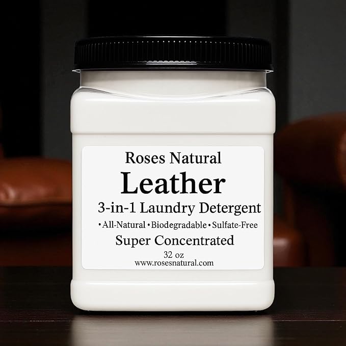 3-in-1 Leather-Scented Laundry Detergent Powder, 32 OZ, Natural, Plant-Based Formula, Cleans, Softens & Deodorizes – 64 Loads, HE Safe, Sulfate-Free, Made in the USA