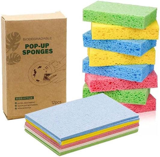 Compressed Cellulose Kitchen Sponges – 100% Natural, Biodegradable & Eco-Friendly – Space-Saving, Non-Scratch Cleaning Sponges for Dishes, Counters & More – 12 Pack