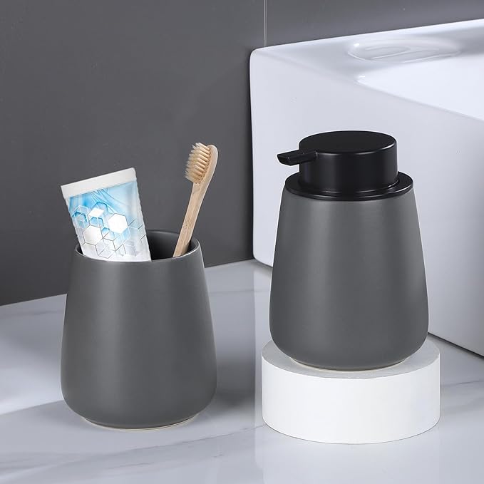 12Oz Grey Soap Dispenser Set - Ceramic Lotion Hand Soap Dispenser Set with Easy-to-Press Black Pump, Refillable Mordern Liquid Dish Soap Dispensers for Bathroom & Kitchen, 2 Pack