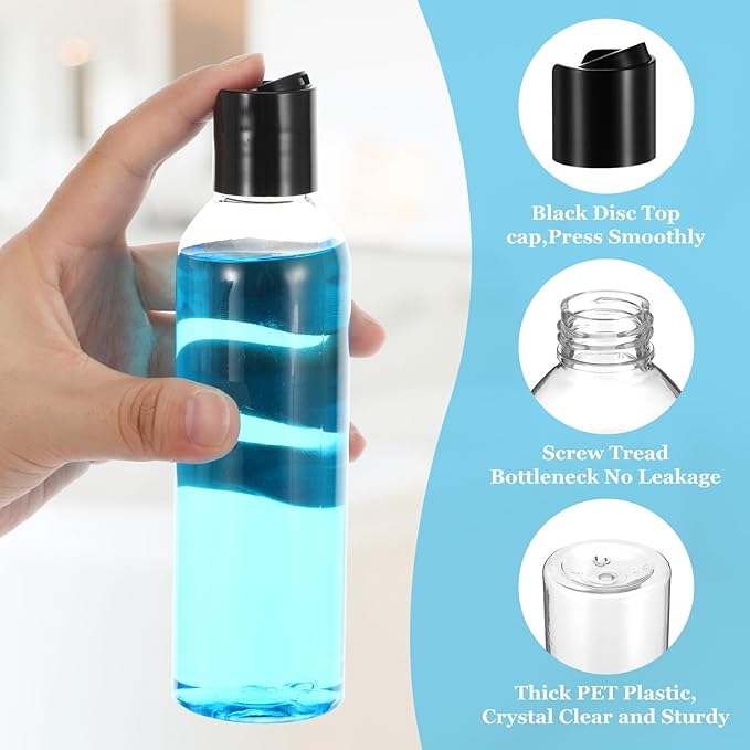 24 Pcs 6.8 oz (200ml) Plastic Empty Bottles Clear PET Refillable Travel Bottles with Disc Top Caps – Leakproof Squeeze Containers for Shampoo, Lotion, Cream & Toiletries