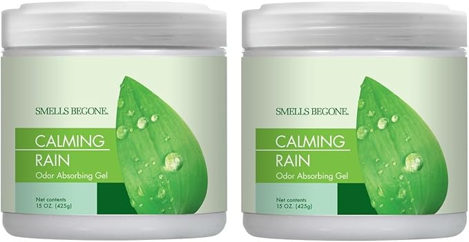 SMELLS BEGONE Air Freshener Odor Absorber Gel - 15 oz, Pack of 2 - Absorbs and Eliminates Odor in Pet Areas, Bathrooms, Cars, & Boats - Made with Essential Oils - Calming Rain Scent