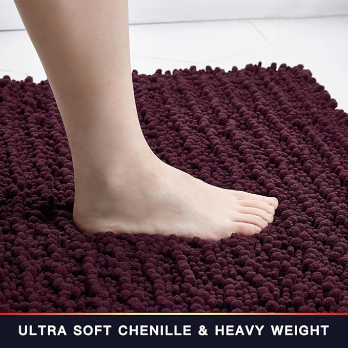 Walensee Bathroom Rug Non Slip Bath Mat (24x17 Inch Burgundy) Water Absorbent Super Soft Shaggy Chenille Machine Washable Dry Extra Thick Perfect Absorbant Best Small Plush Carpet for Shower Floor