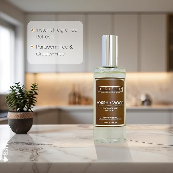 FIELD FLEUR Natural Room and Linen Spray, Non-Toxic Fragrance Mist With With Scents of Earthy Patchouli, warm amber & sandalwood – Long-Lasting Room Spray for Home– Made in USA, 4oz – Myrrh Wood
