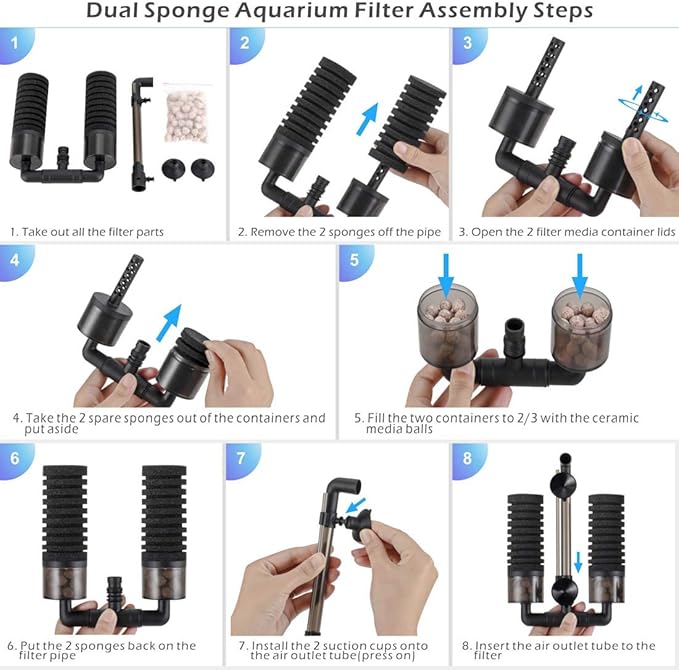 hygger Sponge Filter, Aquarium Filter Double Sponge Replaceable Media with 4 Biochemical Sponges and 1 Bag of Filtered Ceramic Balls Ultra Quiet Filter Fish Tank (S/M) (M for 15 to 55 Gallon Tank)