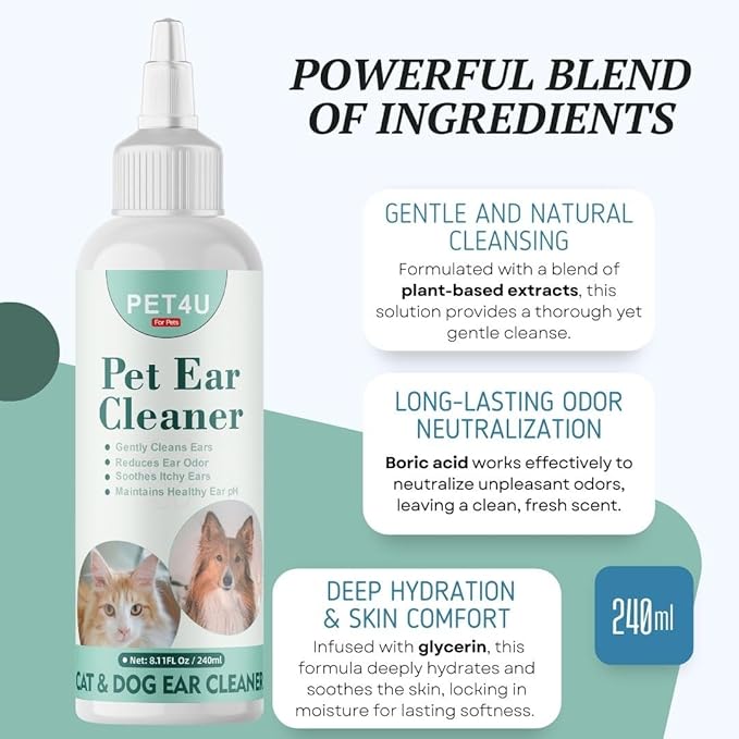 Dog & Cat Ear Cleaner Solution - 240ml - Gentle Ear Cleaner for Dogs & Cats - Soothes Itchy Ears, Removes Wax & Odor - Vet-Approved Ear Cleaning Solution for All Breeds - Easy to Use