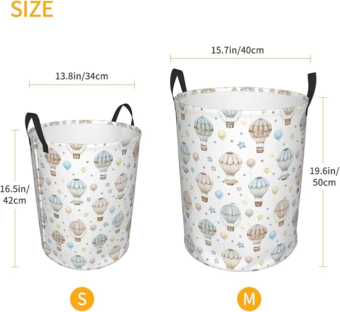 Cute Hot Air Balloon Stars Laundry Hamper Bag With Waterproof Liner - Round Laundry Basket Foldable Clothes Storage Organizer For Bathroom Bedroom Nursery Dorm, S-16.5"X 13.8"