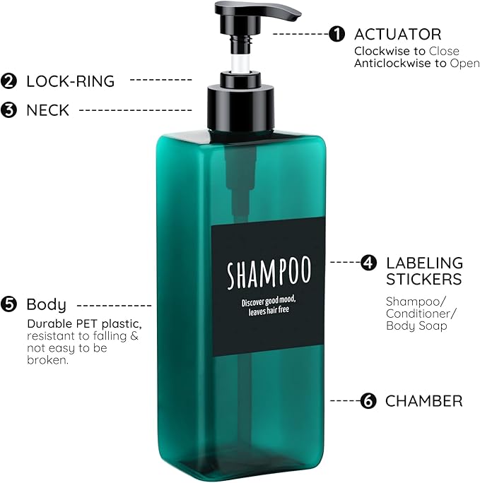 16.9oz Shampoo Conditioner Bottles, Segbeauty 3pcs 500ml Pump Press Dispenser with Labels, Empty Refillable Shampoo Body Soap Conditioner Gel Plastic Bathroom Press Lotion Containers Light Sea Green