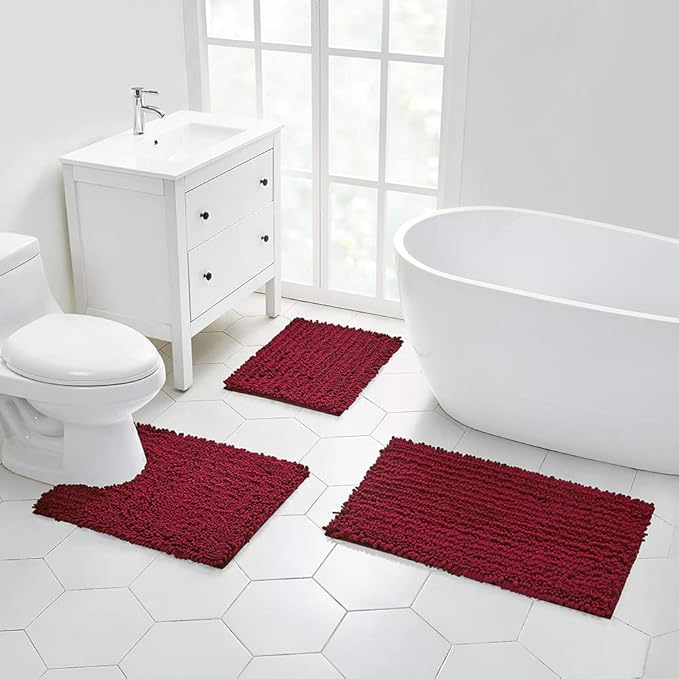 Walensee Bathroom Contour Rug Non Slip Toilet U Shaped Bath Mat (20x24, Red) Water Absorbent Super Soft Shaggy Chenille Machine Washable Dry Extra Thick Perfect Absorbant Best Plush Carpet