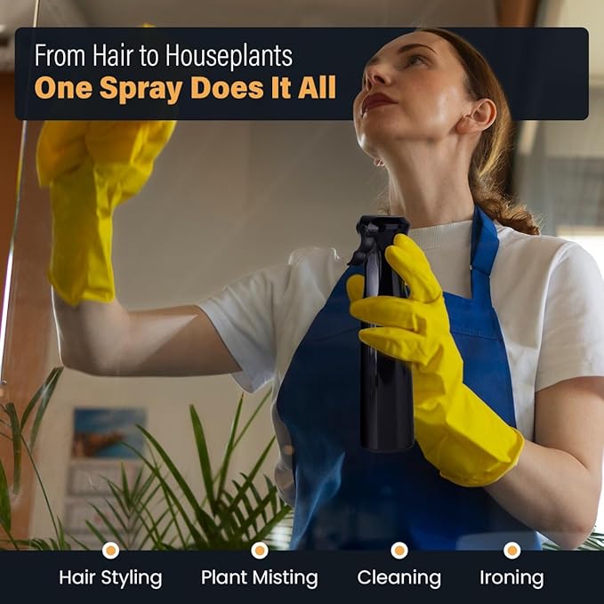 VIGOR PATH Continuous Spray Bottle for Hair – Fine Mist Mister for Hairstyling, Cleaning, Plants, Pets, Barbers, Salons, and Essential Oil Applications (300ml/10.1 oz) Black