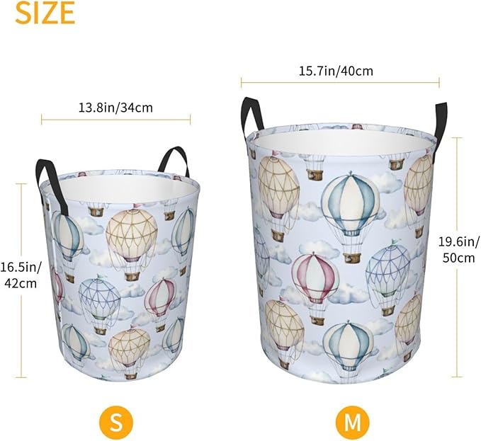 Watercolor Hot Air Balloons And Clouds Laundry Hamper Bag With Waterproof Liner - Round Laundry Basket Foldable Clothes Storage Organizer For Bathroom Bedroom Nursery Dorm, S-16.5"X 13.8"