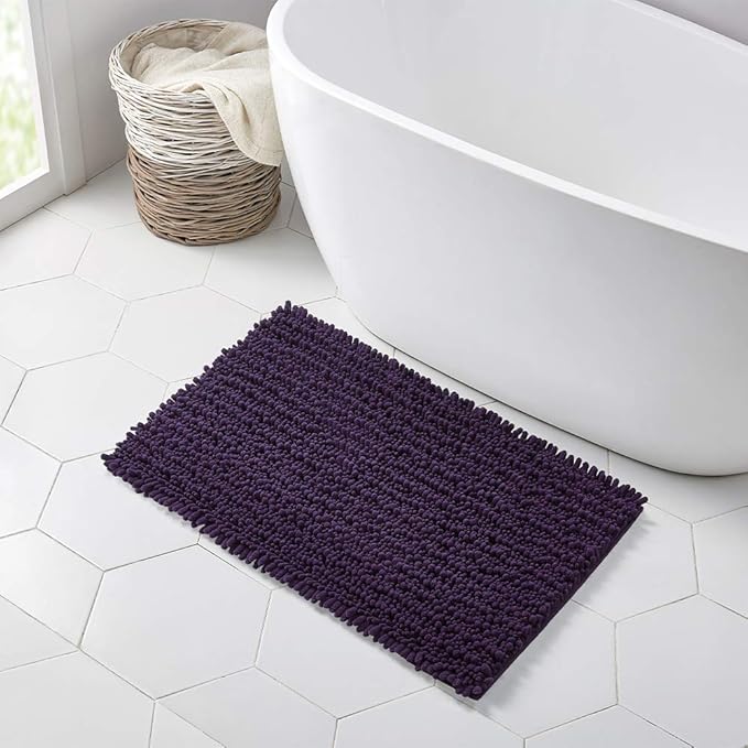 Walensee Bathroom Rug Non Slip Bath Mat (32x20 Inch Dark Purple) Water Absorbent Super Soft Shaggy Chenille Machine Washable Dry Extra Thick Perfect Absorbant Best Large Plush Carpet for Shower Floor