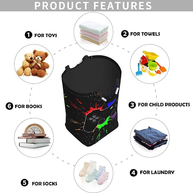 Gaming Joystick Large Laundry Hamper Bag With Waterproof Liner - Video Game Theme Laundry Basket Foldable Clothes Storage Organizer For Bathroom Bedroom Nursery Dorm