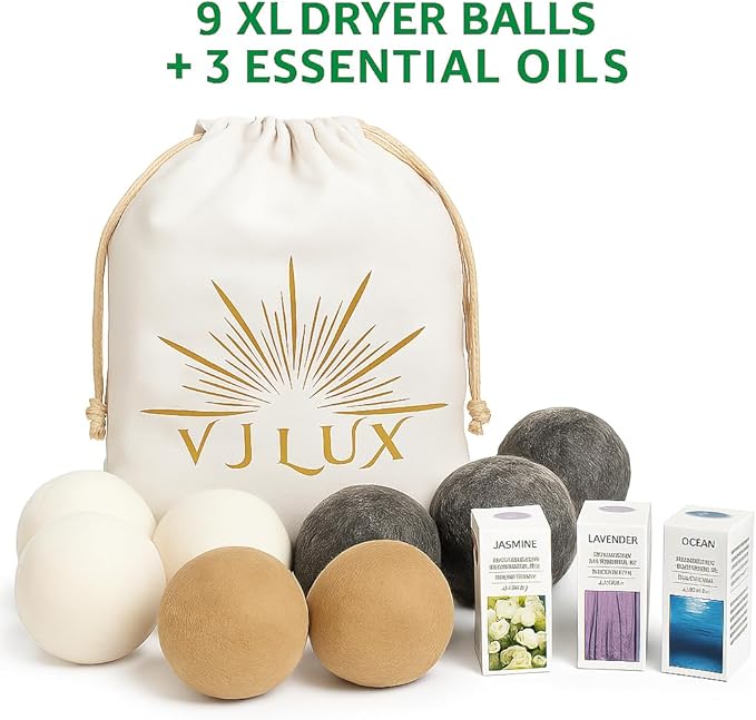 Wool Dryer Balls, Premium 9-Pack XL Natural Organic Dryer Balls, Eco-Friendly, Reusable, Chemical-Free Fabric Softener for Laundry with 3 Fragrance Oils