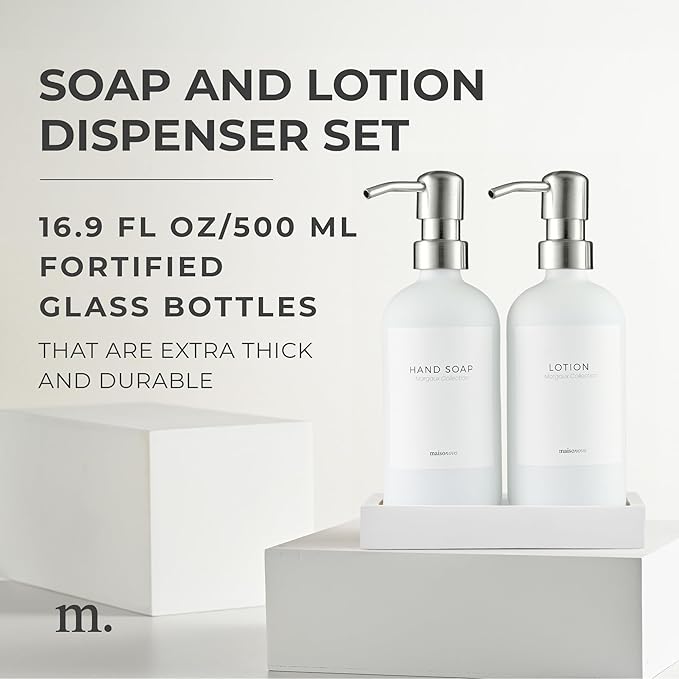 MaisoNovo Soap Dispenser 3-Piece Set | 16.9oz White Bottles with Silver Stainless Steel Pumps