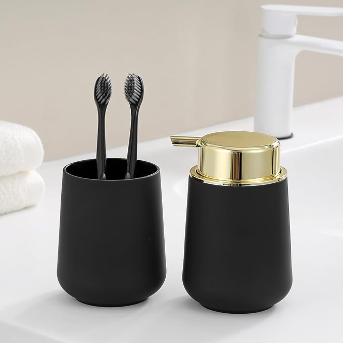 Matte Black and Gold Foaming Hand Soap Dispenser Plastic 11 oz - Modern Luxury Style for Bathroom & Kitchen Countertop Refillable