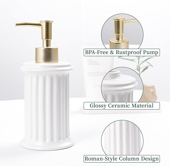 Bosilunlife Hand Soap Dispenser Ceramic - 9.5oz Lotion Dispenser for Bathroom, Dish Soap Dispenser for Kitchen, Modern Easy-to-Press, Refillable for Shampoo, Shower Gel, Cleanser, Hand Soap (White)