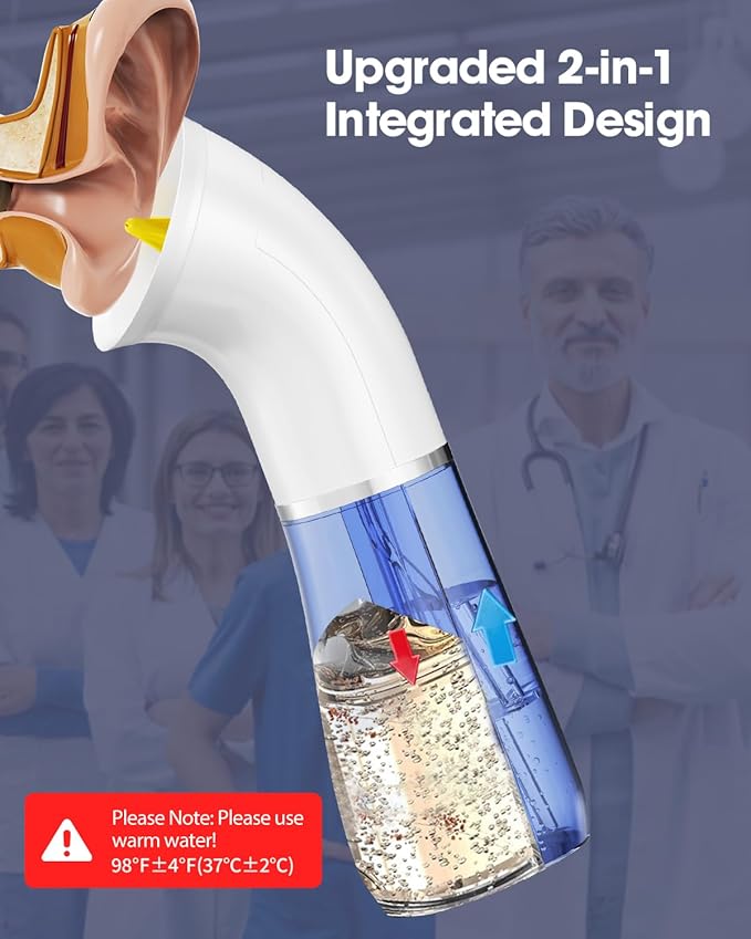 Upgraded Ear Wax Removal Kit, One Piece Waste Tank - Ear Irrigation Flushing System with 4 Modes & 8 Nozzles - IPX7, Safe and Effective Electric Ear Cleaner for Family Use, Type-C (White)