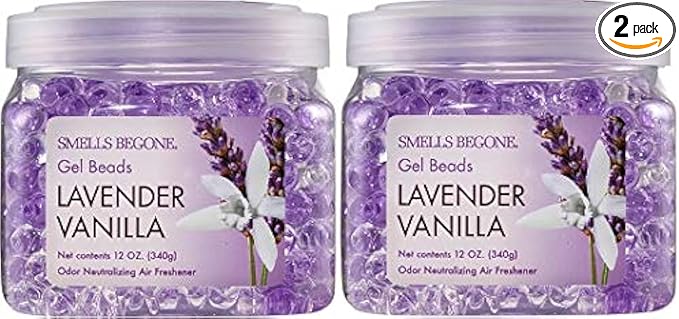 SMELLS BEGONE Odor Eliminator Gel Beads - 12 oz, Pack of 2 - Eliminates Odor in Bathrooms, Cars, Boats, RVs & Pet Areas - Air Freshener - Made with Essential Oils - Lavender Vanilla Scent