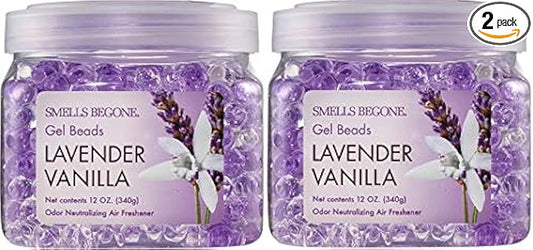 SMELLS BEGONE Odor Eliminator Gel Beads - 12 oz, Pack of 2 - Eliminates Odor in Bathrooms, Cars, Boats, RVs & Pet Areas - Air Freshener - Made with Essential Oils - Lavender Vanilla Scent